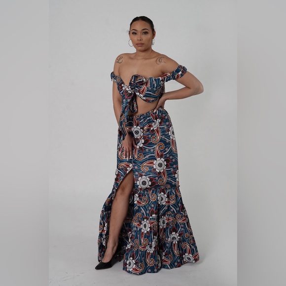 African Print Ankara Cotton Floral Print Tie Front Top and Maxi Skirt Set - Picture 12 of 13